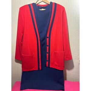 80’s Leslie Fay Dresses, Nautical Red/Navy Blue Blazer Dress Suit, Womens SZ 16